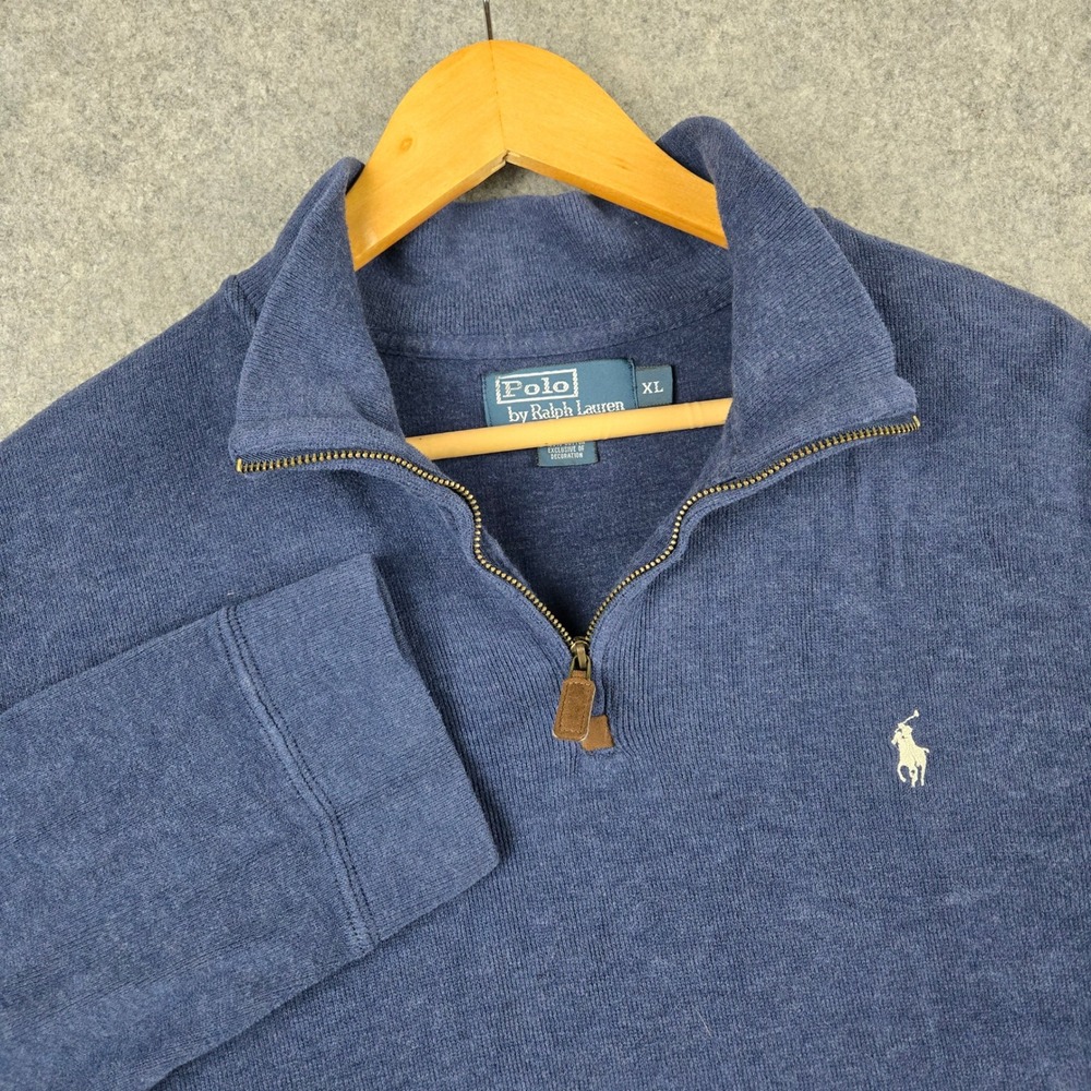 Polo Ralph Lauren 1/4 Zip Pullover Mens XL Blue Cotton‎ Knit Sweater Pony Preppy